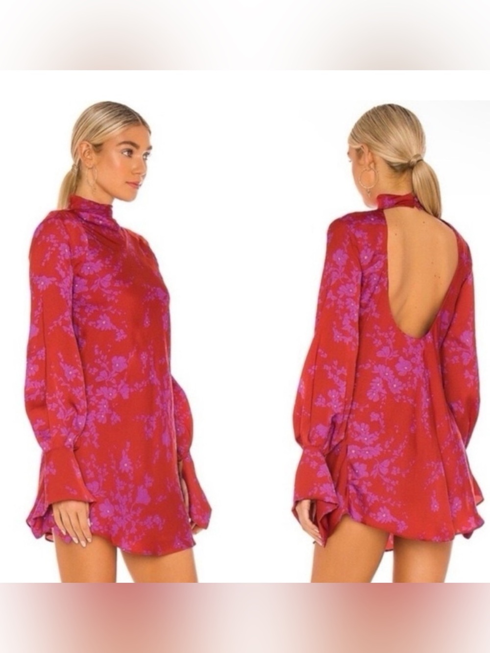 Free People Magenta-Red Open-Back Floral Mini Dress
